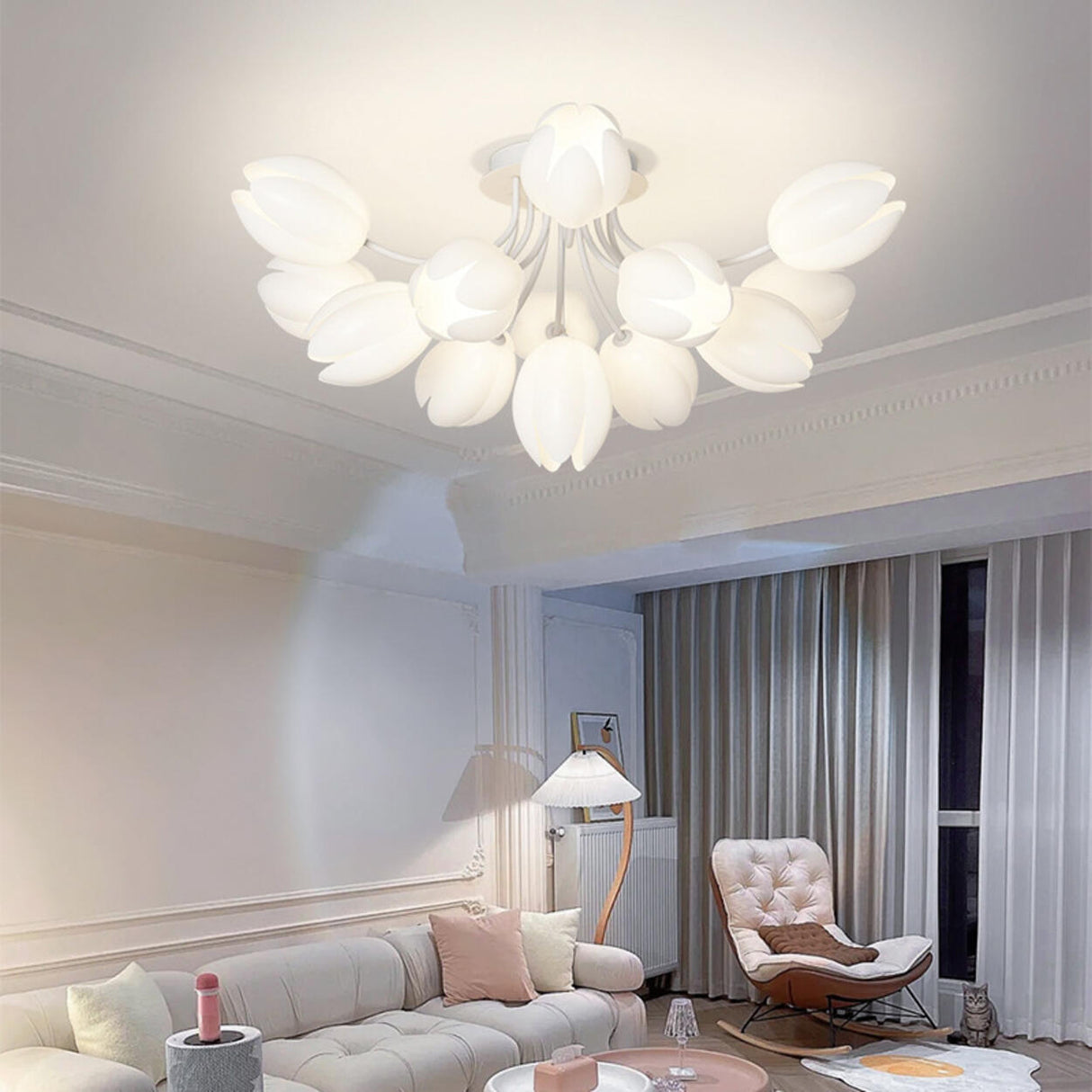 Living Room White Flower Semi-Flush Mount Lamp 13-Light Image - 16