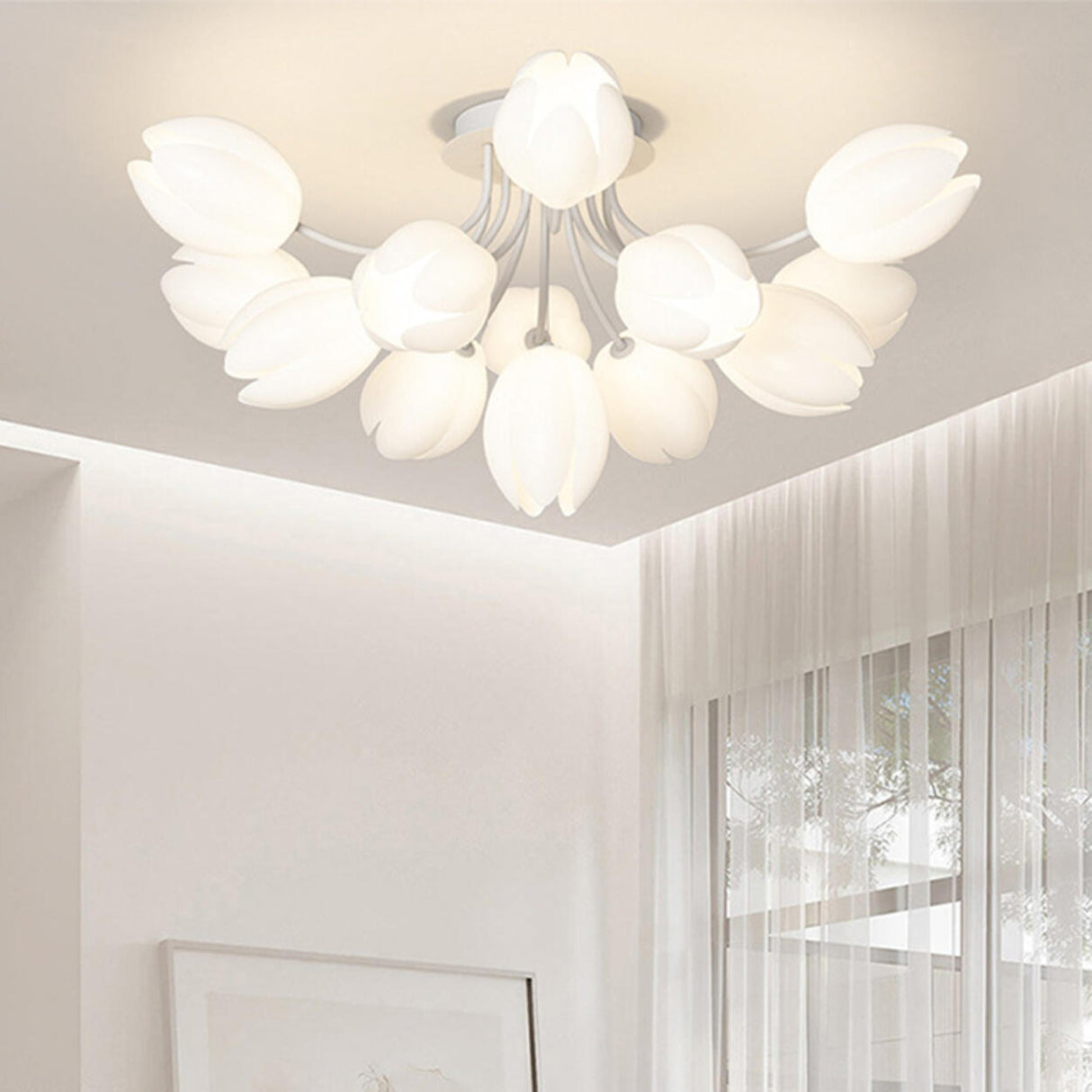 Living Room White Flower Semi-Flush Mount Lamp 13-Light Image - 8