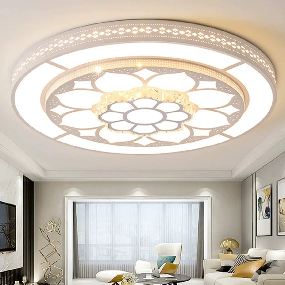 Living Room White Round Flower LED Flush Mount Light Image - 1