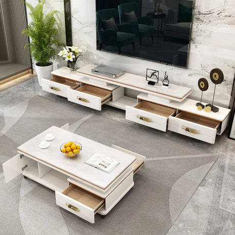 Living Room White Sintered Stone Drawers Long TV Stand Image - 2