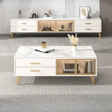 Living Room White Stone Cabinet Drawers Long TV Stand Image - 1