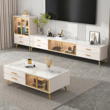 Living Room White Stone Cabinet Drawers Long TV Stand Image - 3