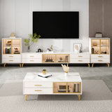 Living Room White Stone Cabinet Drawers Long TV Stand Image - 4