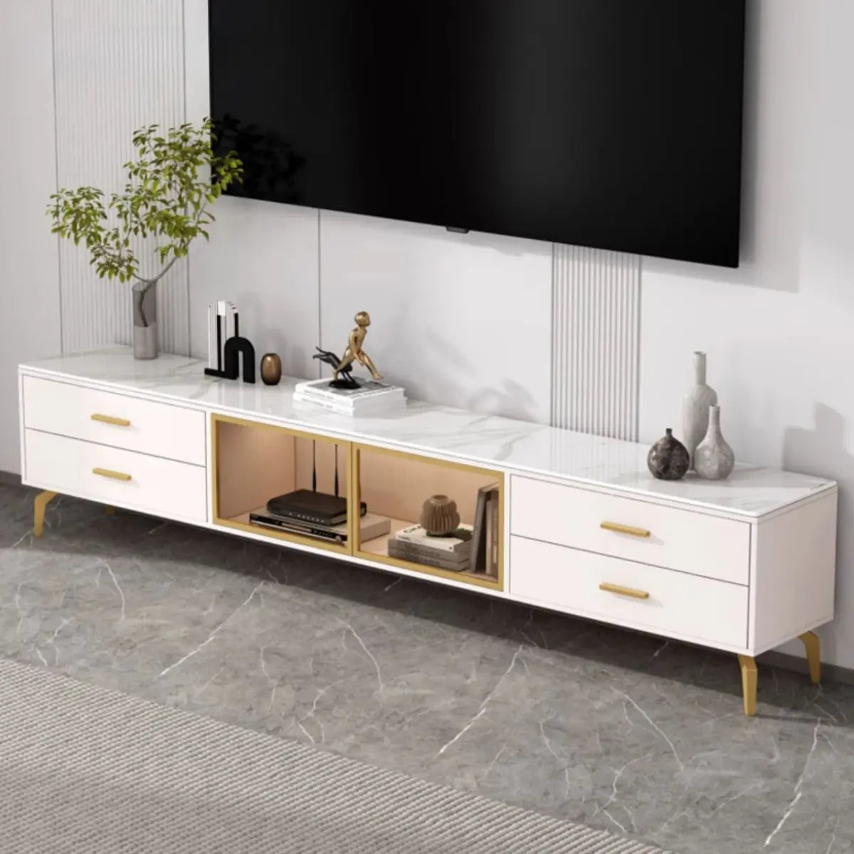 Living Room White Stone Cabinet Drawers Long TV Stand Image - 5