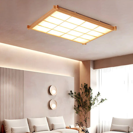 Living Room Wood Rectangle Grid LED Flush Mount Light Image - 1