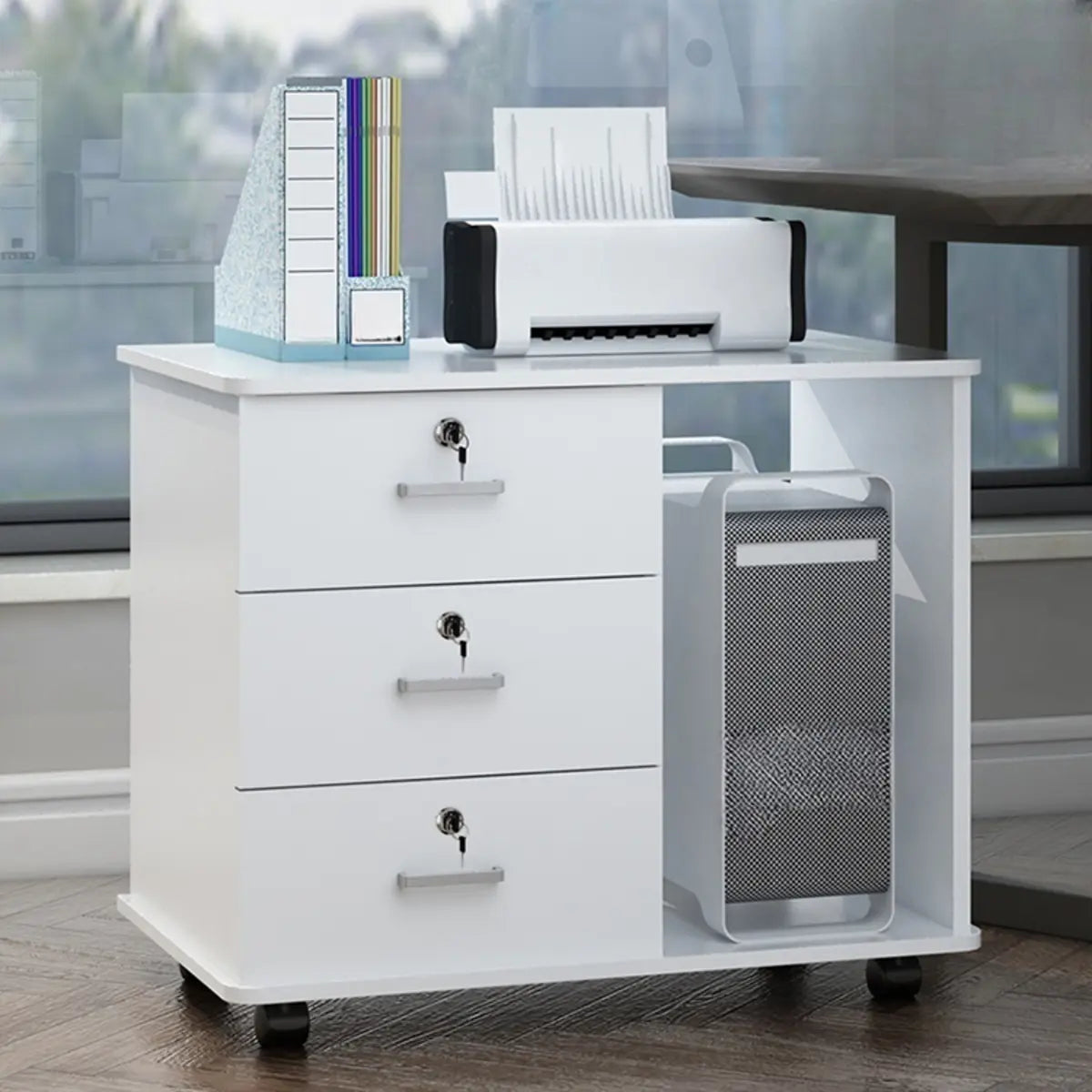 Lockable Wood 3 Drawers Short Filing Cabinet White Image - 12