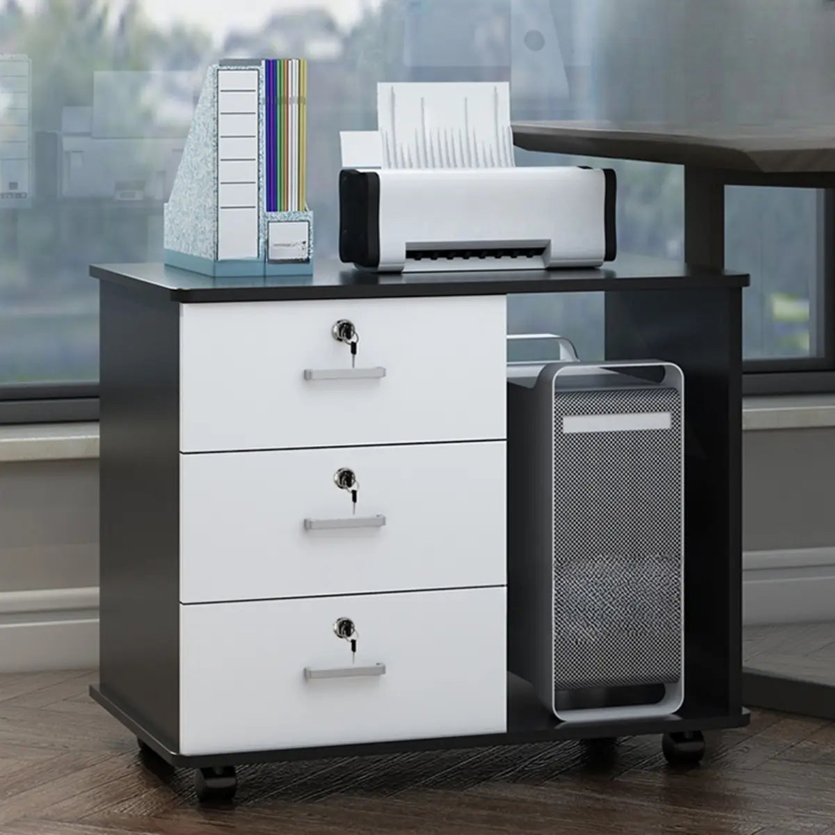 Lockable Wood 3 Drawers Short Filing Cabinet White Image - 14