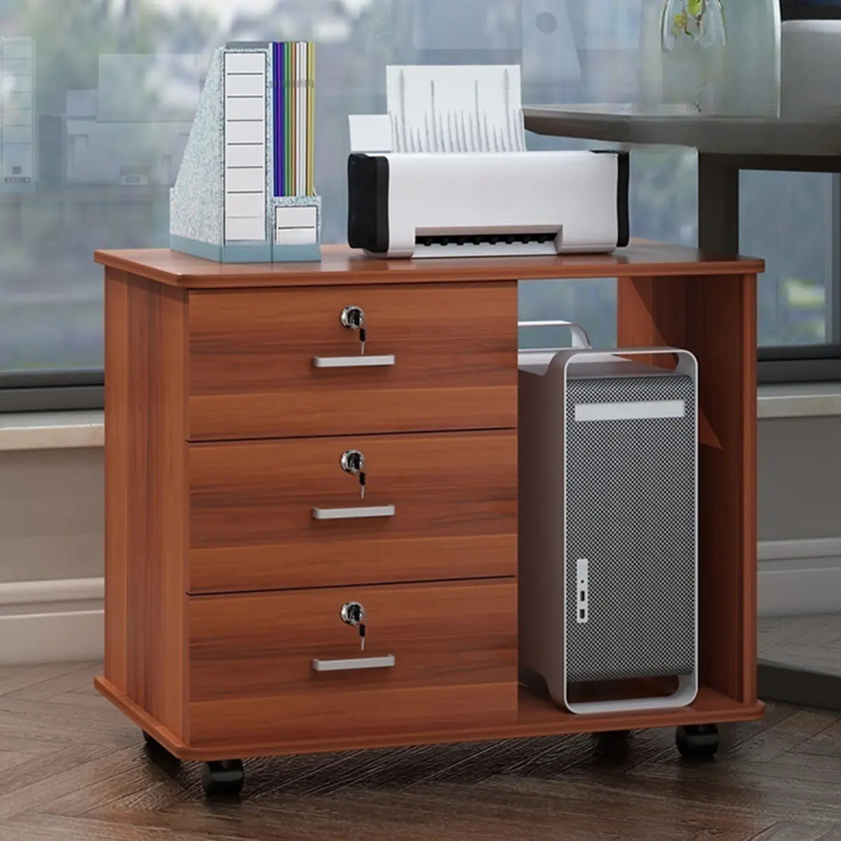 Lockable Wood 3 Drawers Short Filing Cabinet White Image - 15