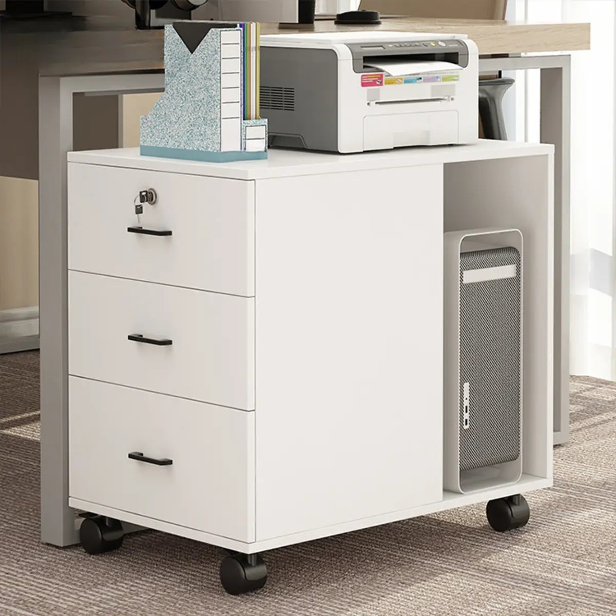 Lockable Wood 3 Drawers Short Filing Cabinet White Image - 16