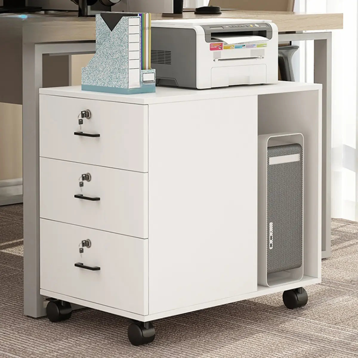 Lockable Wood 3 Drawers Short Filing Cabinet White Image - 20