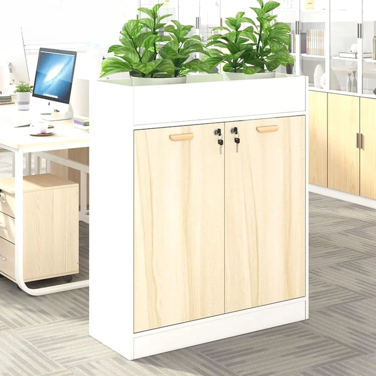 Lockable Wood Natural Office Storage Cabinet with Shelving Image - 7