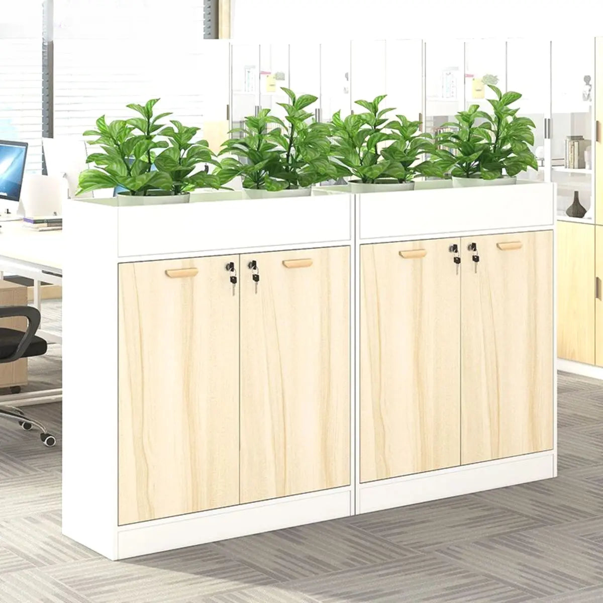 Lockable Wood Natural Office Storage Cabinet with Shelving Image - 9