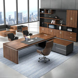 Long Brown Wood Drawers Cabinet L-Shape Executive Desk Image - 3