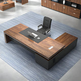 Long Brown Wood Drawers Cabinet L-Shape Executive Desk Image - 5