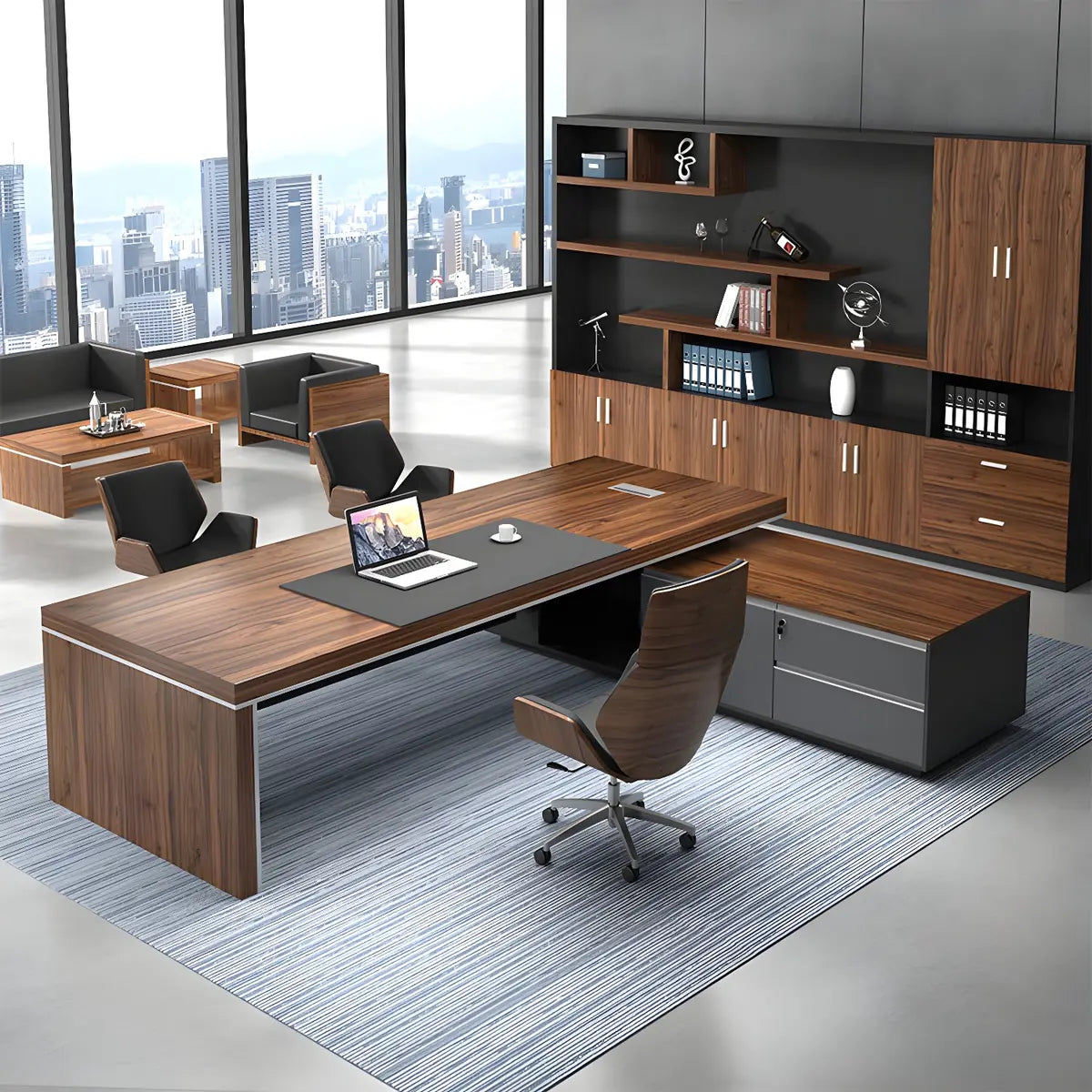 Long Brown Wood Drawers Cabinet L-Shape Executive Desk Image - 6