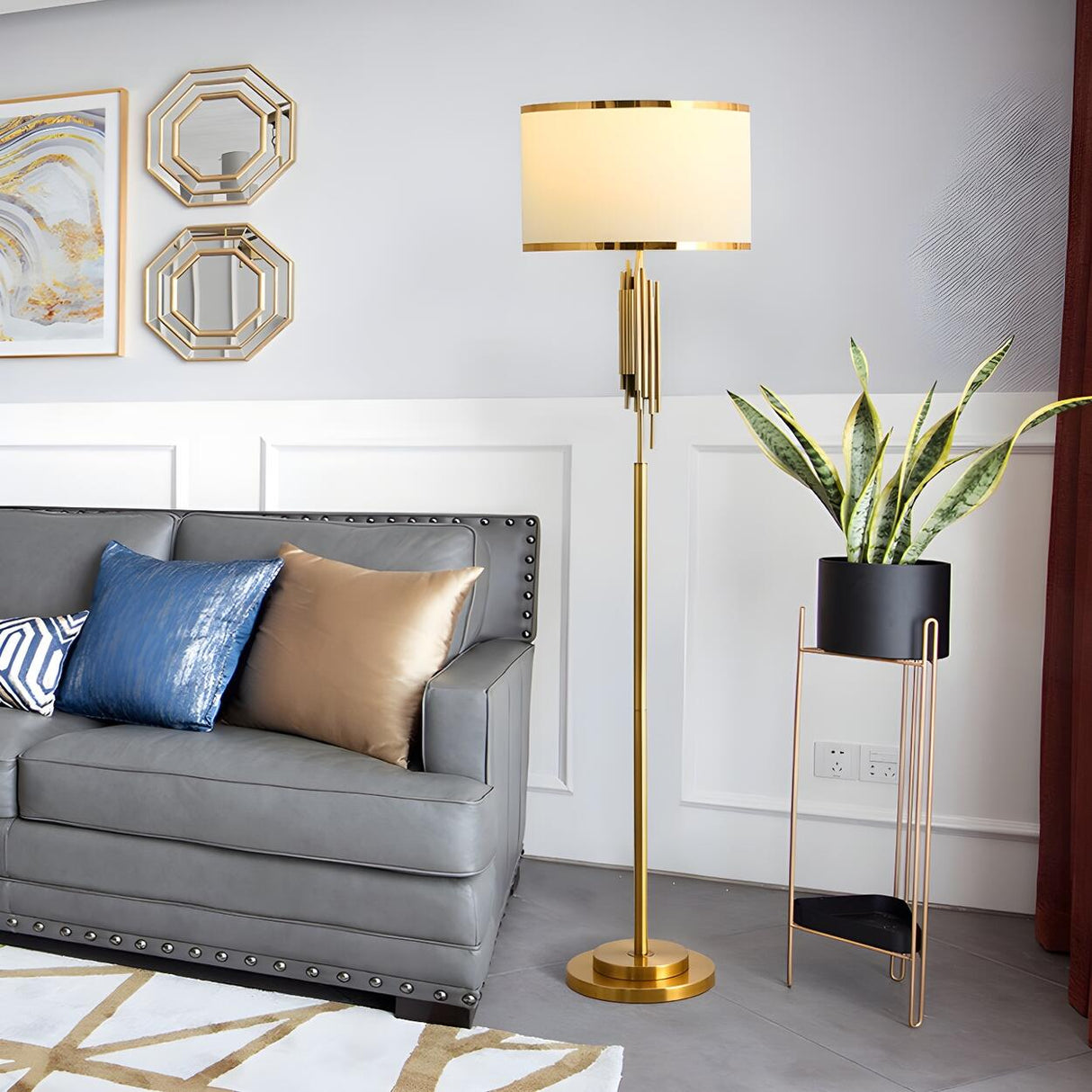 Luxurious Drum Shade Gold Metal LED Floor Lamp Image - 2