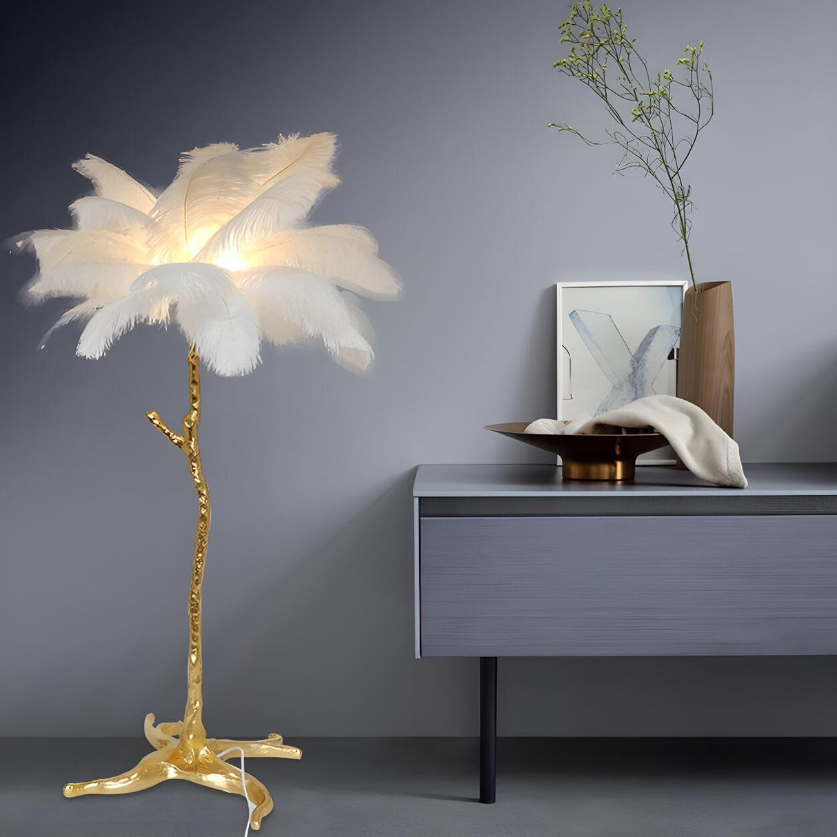 Luxurious Gold Branch Base and Feather Floor Lamp Image - 1