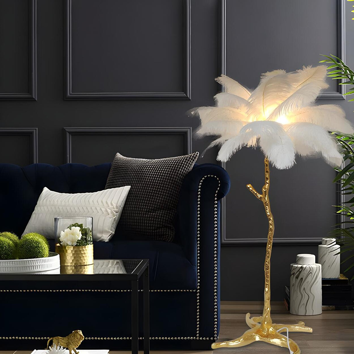 Luxurious Gold Branch Base and Feather Floor Lamp Image - 3