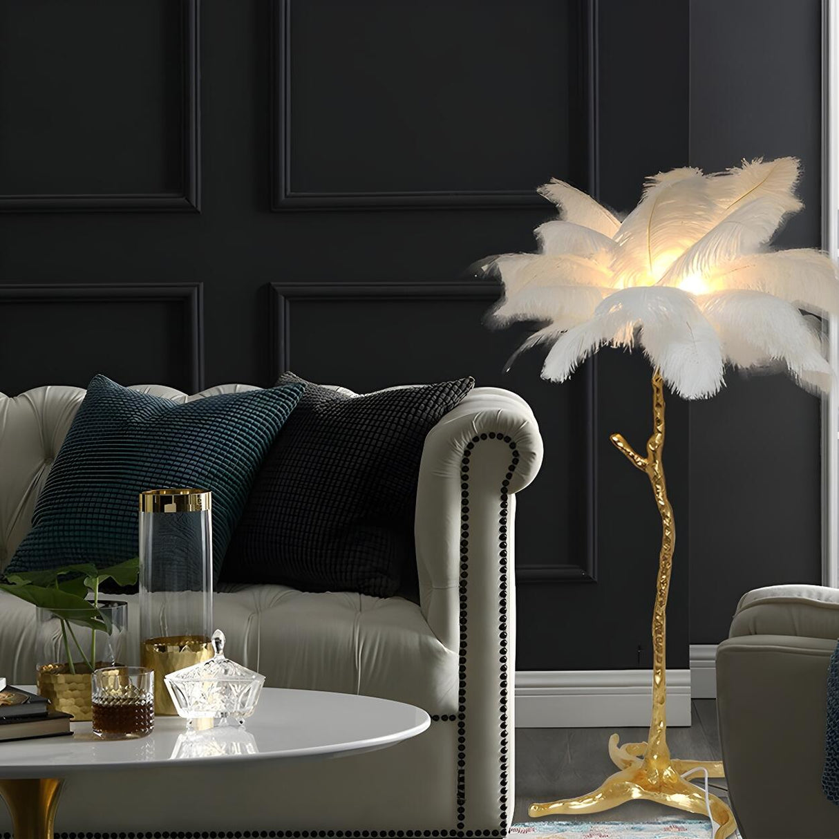 Luxurious Gold Branch Base and Feather Floor Lamp Image - 4