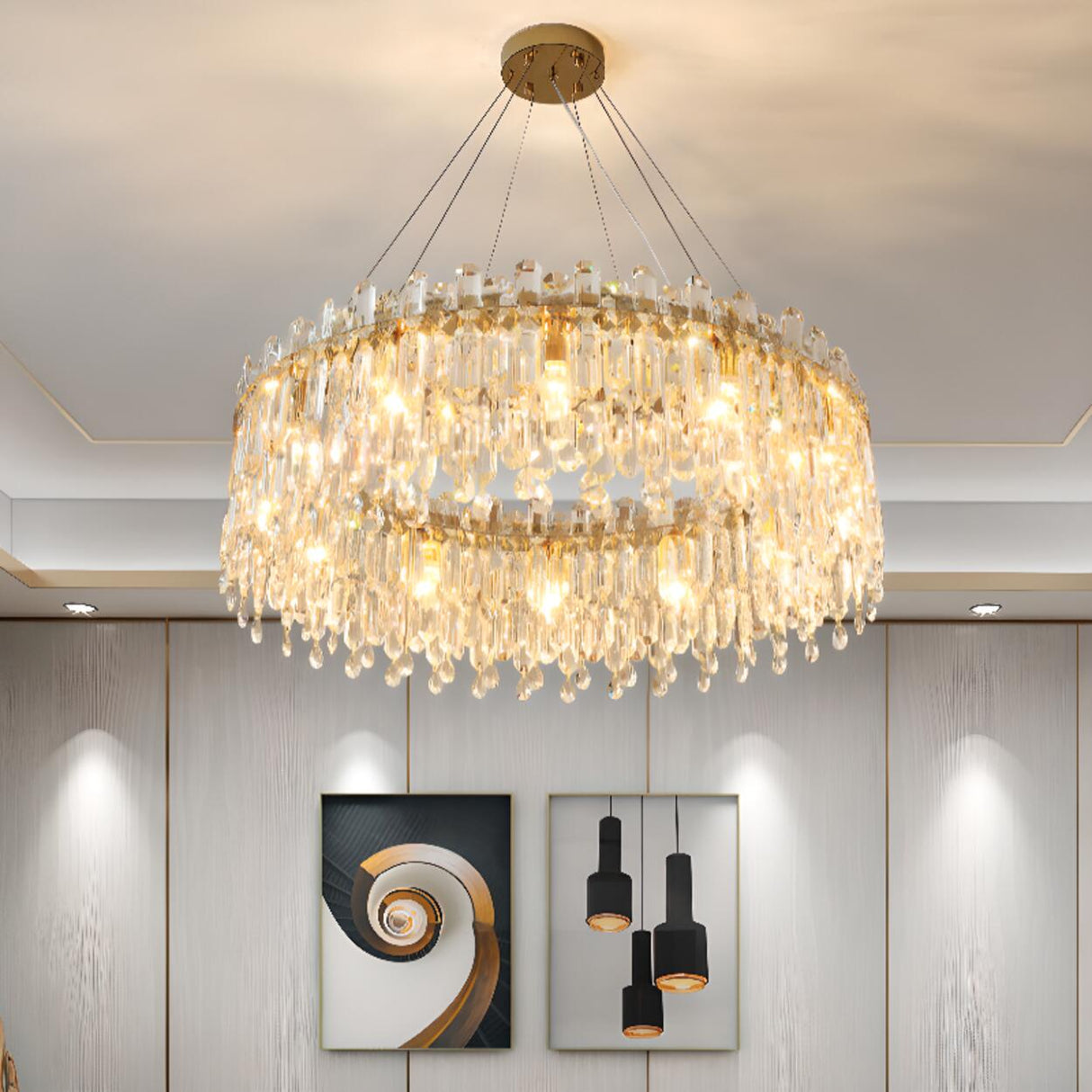 Luxurious Gold Crystal Adjustable Height Chandelier Image - 3