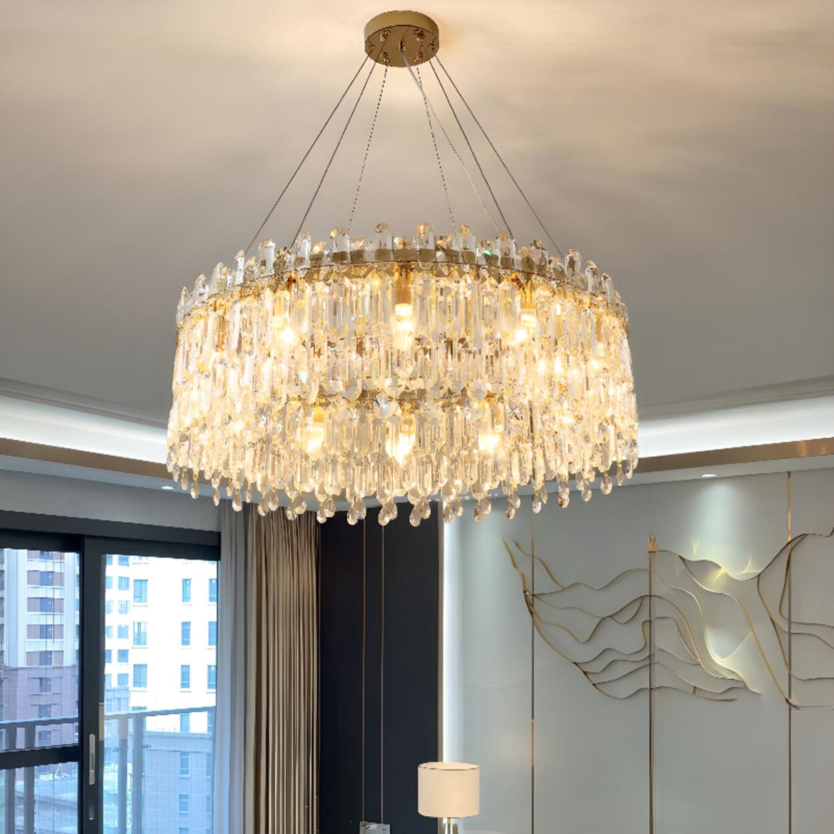 Luxurious Gold Crystal Adjustable Height Chandelier Image - 4