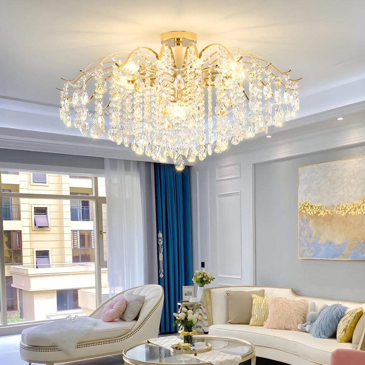 Luxurious Gold Flush Mount Crystal Chandelier Image - 1