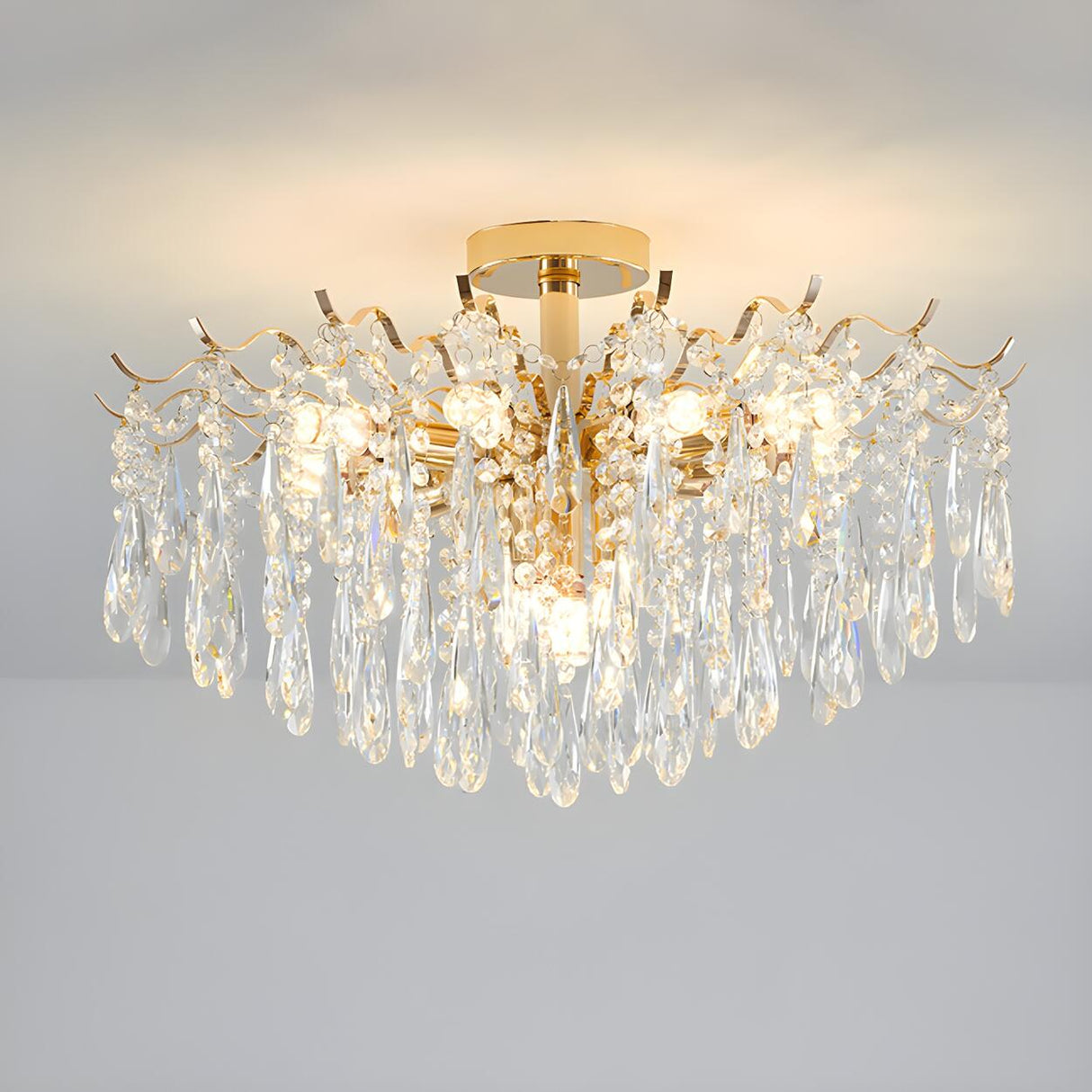 Luxurious Gold Flush Mount Crystal Chandelier Image - 13