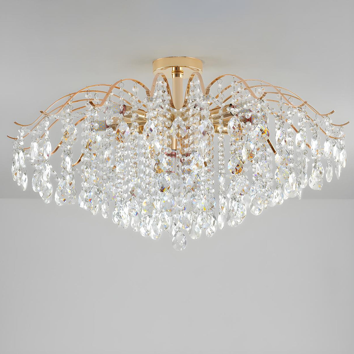 Luxurious Gold Flush Mount Crystal Chandelier Image - 14