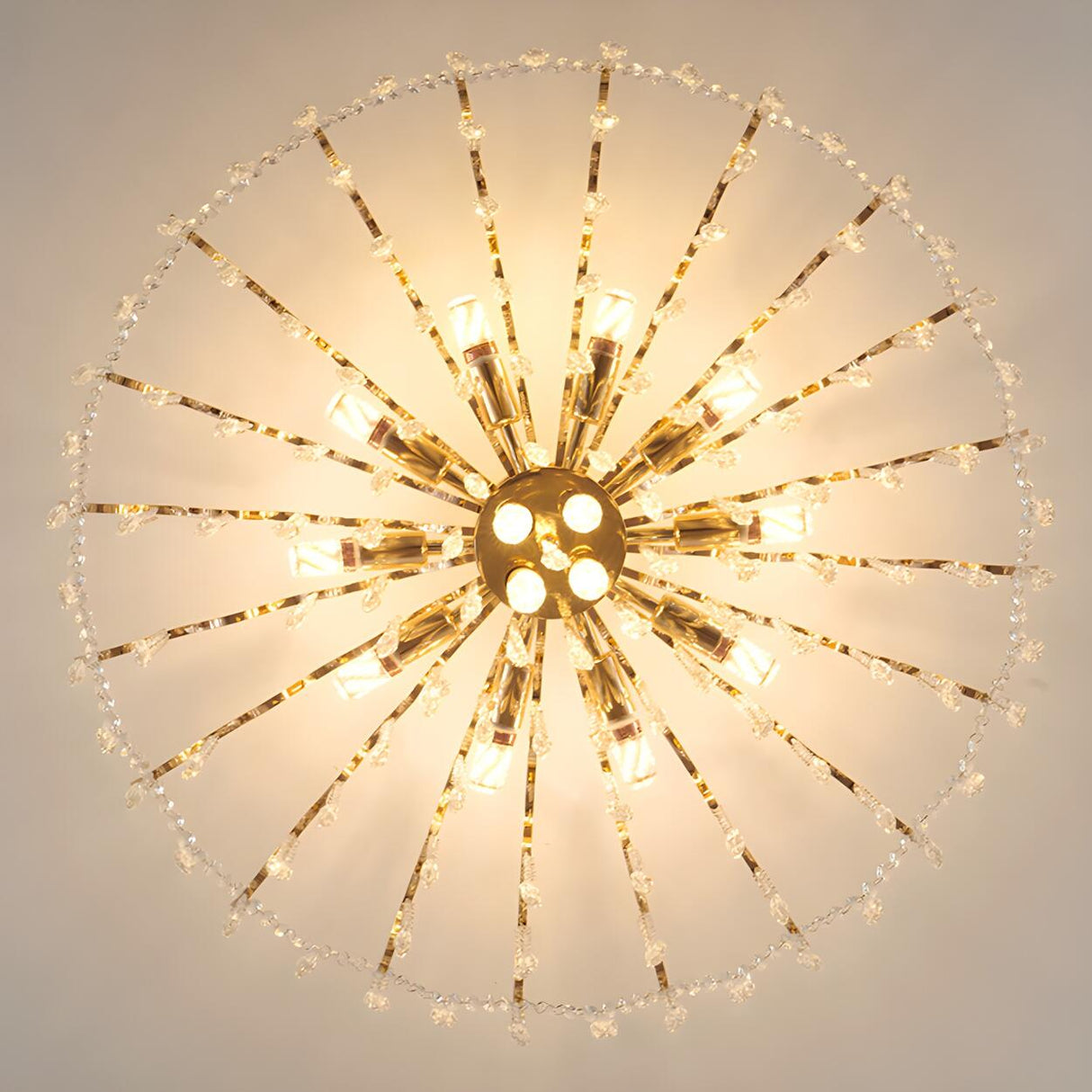 Luxurious Gold Flush Mount Crystal Chandelier Image - 16