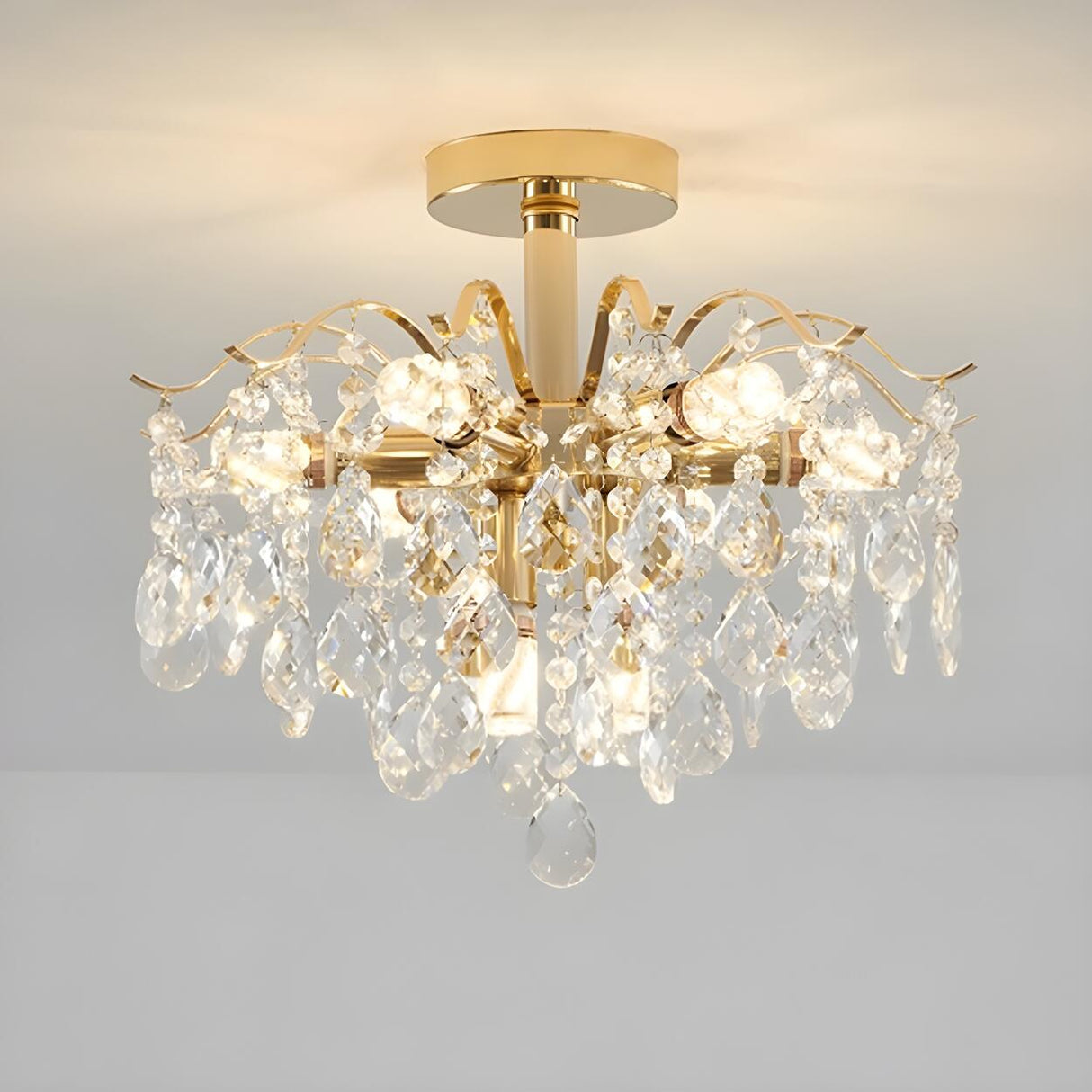 Luxurious Gold Flush Mount Crystal Chandelier Image - 2