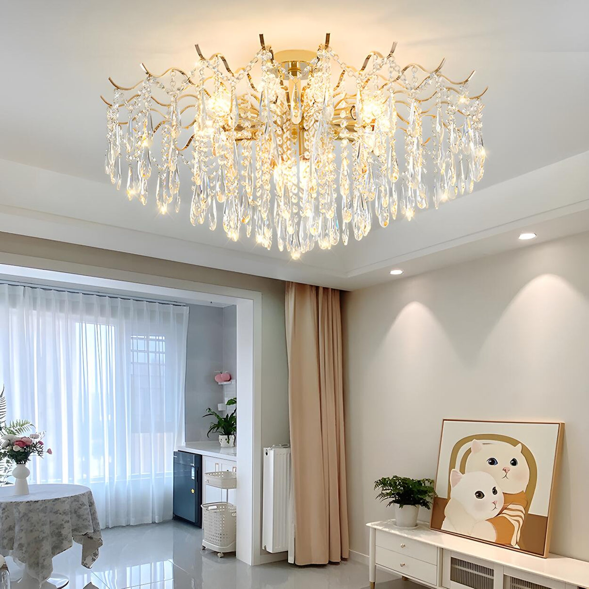 Luxurious Gold Flush Mount Crystal Chandelier Image - 23