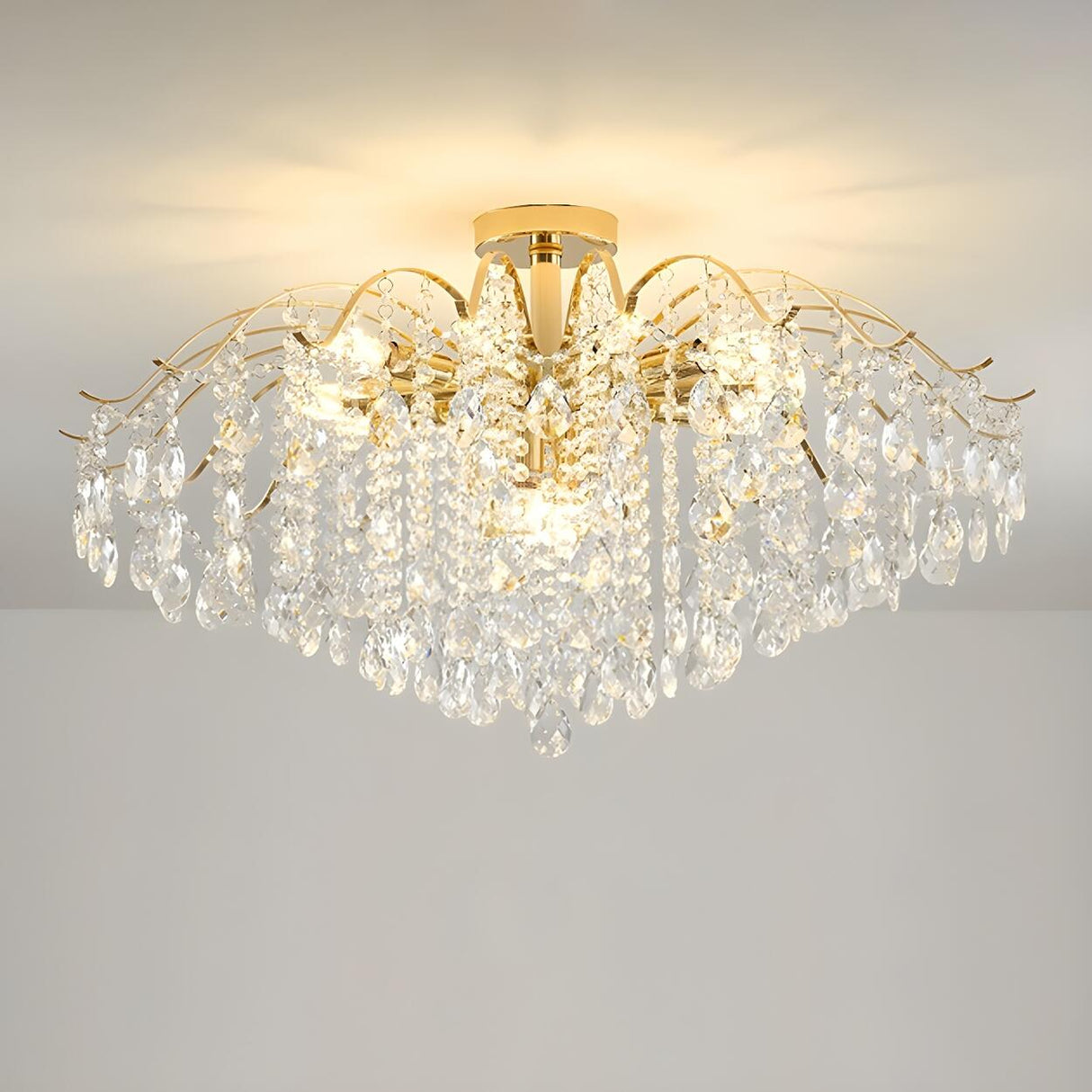 Luxurious Gold Flush Mount Crystal Chandelier Image - 7