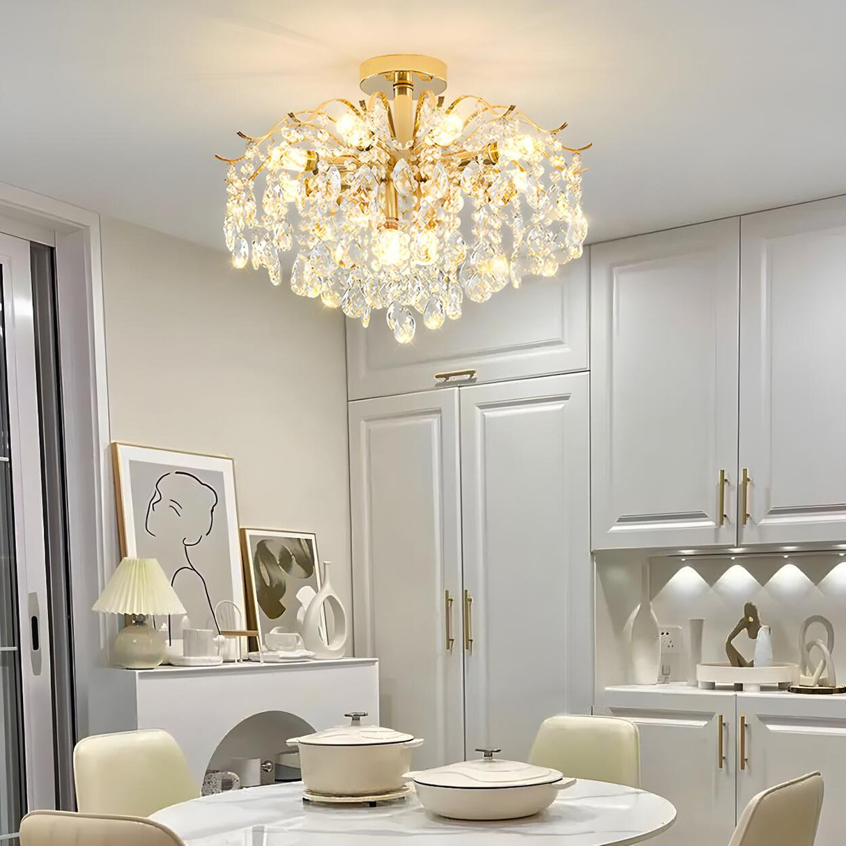 Luxurious Gold Flush Mount Crystal Chandelier Image - 8