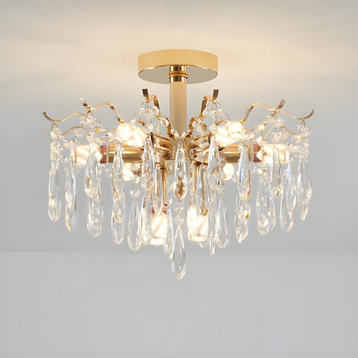 Luxurious Gold Flush Mount Crystal Chandelier Image - 9