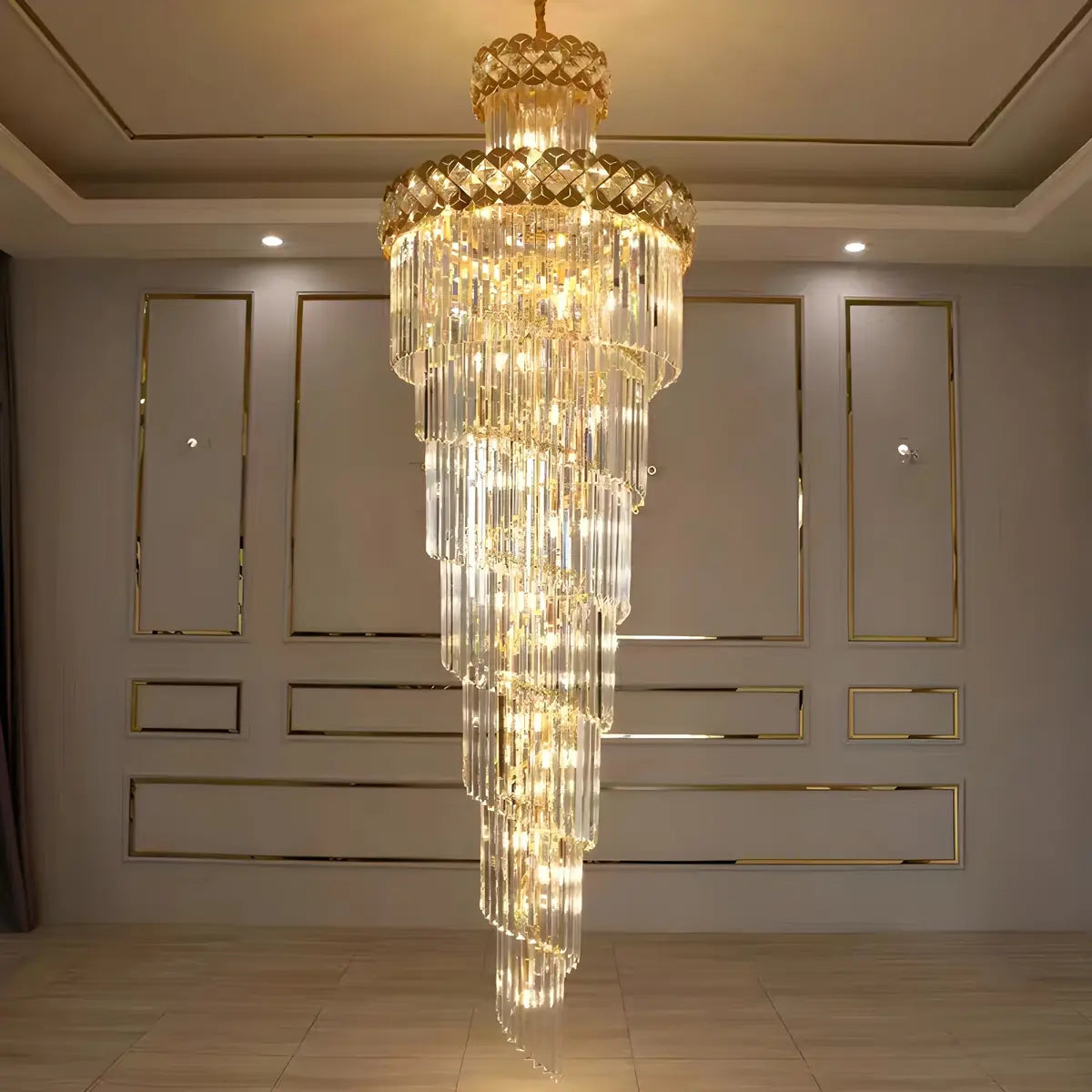 Luxurious Gold Spiral Crystal High Ceiling Chandelier Image - 1