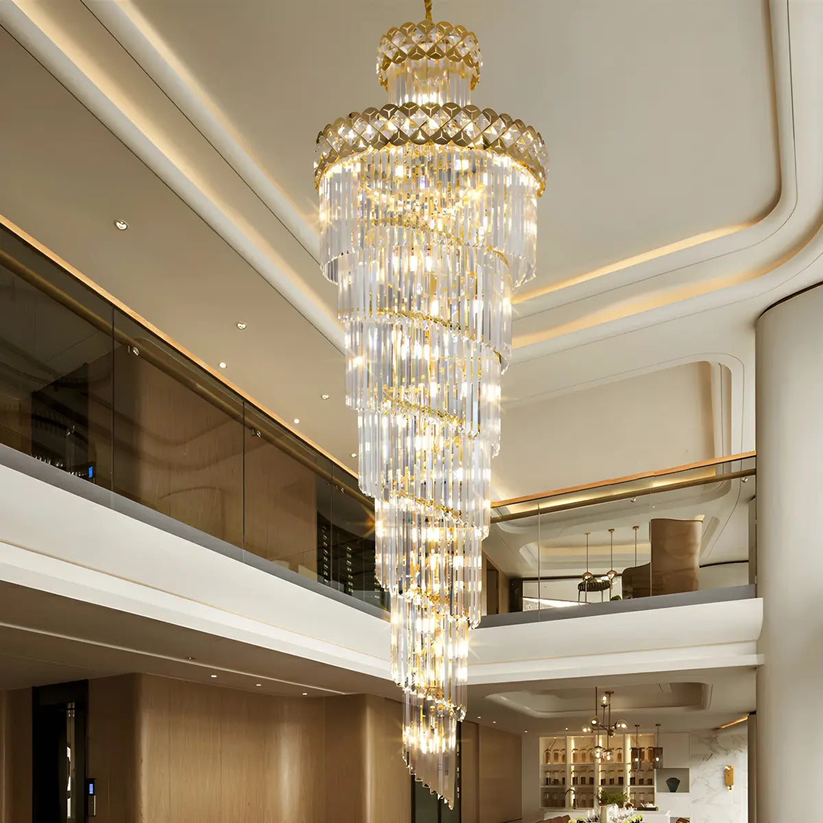 Luxurious Gold Spiral Crystal High Ceiling Chandelier Image - 13