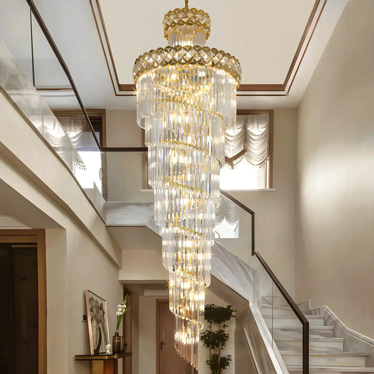 Luxurious Gold Spiral Crystal High Ceiling Chandelier Image - 5