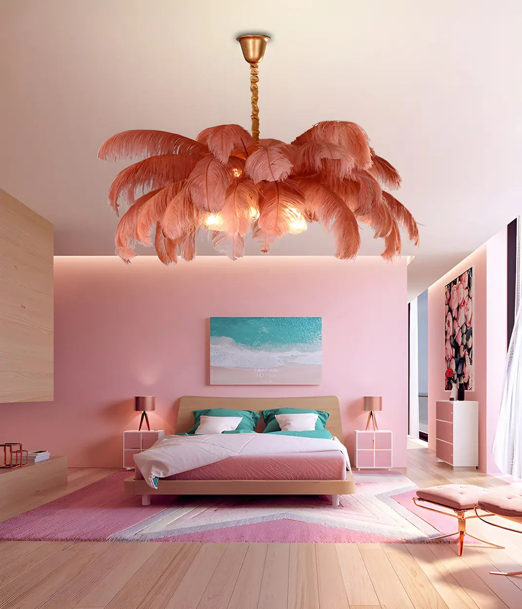 Luxurious Large Pink Feather Chandelier for Living Room Image - 16