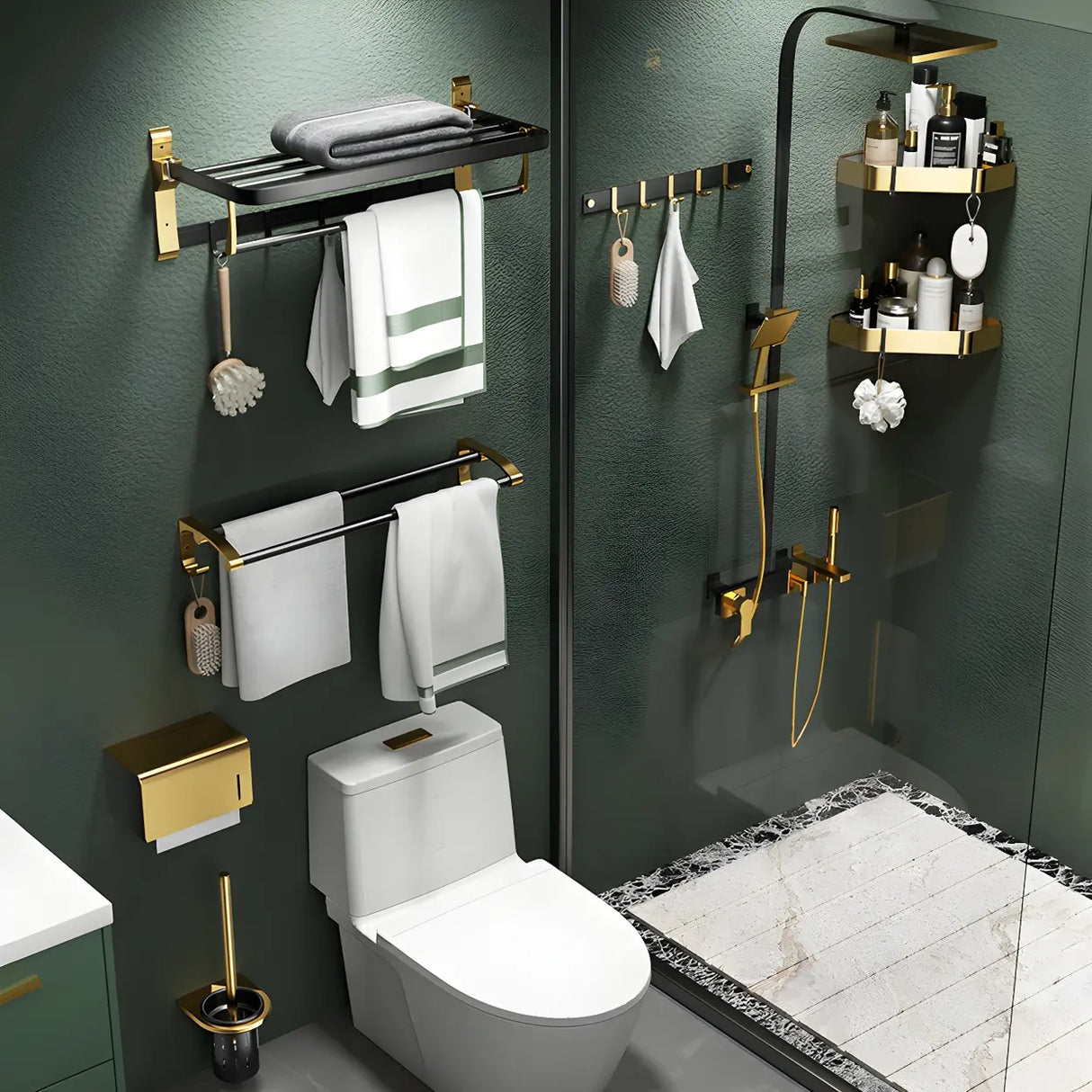 Luxurious Mounting Hardware Black-Gold Bathroom Storage Set Image - 1