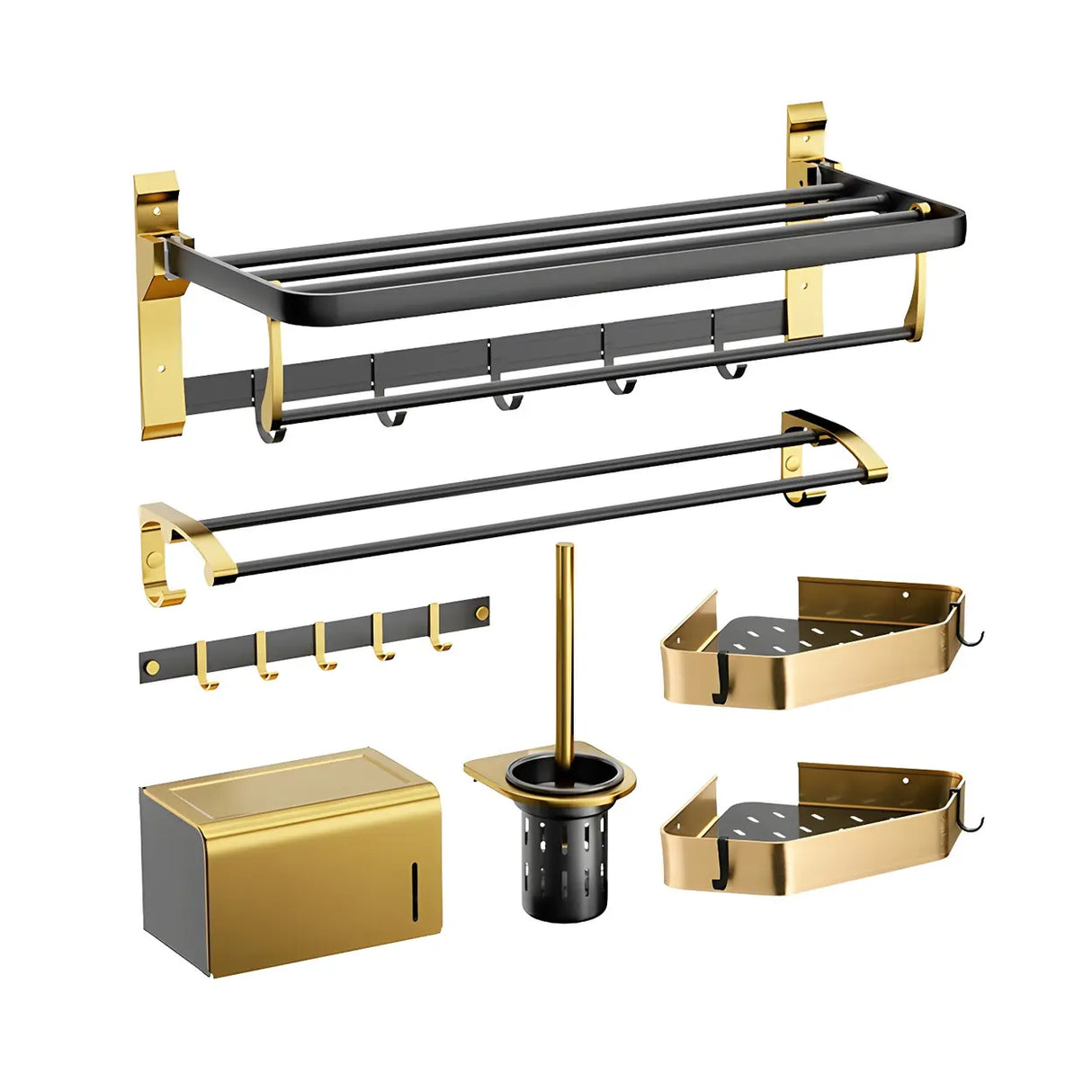 Luxurious Mounting Hardware Black-Gold Bathroom Storage Set Image - 10