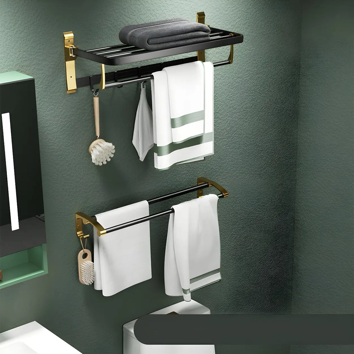 Luxurious Mounting Hardware Black-Gold Bathroom Storage Set Image - 11