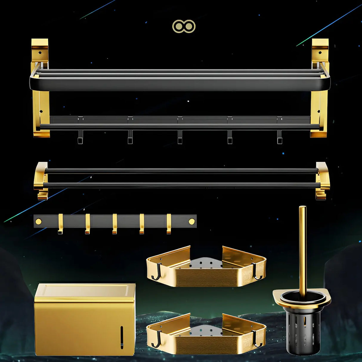 Luxurious Mounting Hardware Black-Gold Bathroom Storage Set Image - 14