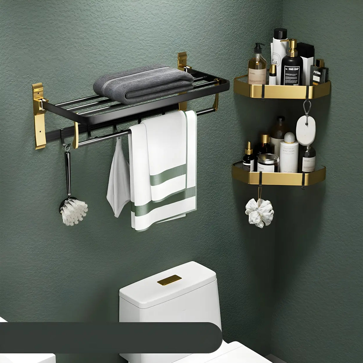 Luxurious Mounting Hardware Black-Gold Bathroom Storage Set Image - 15