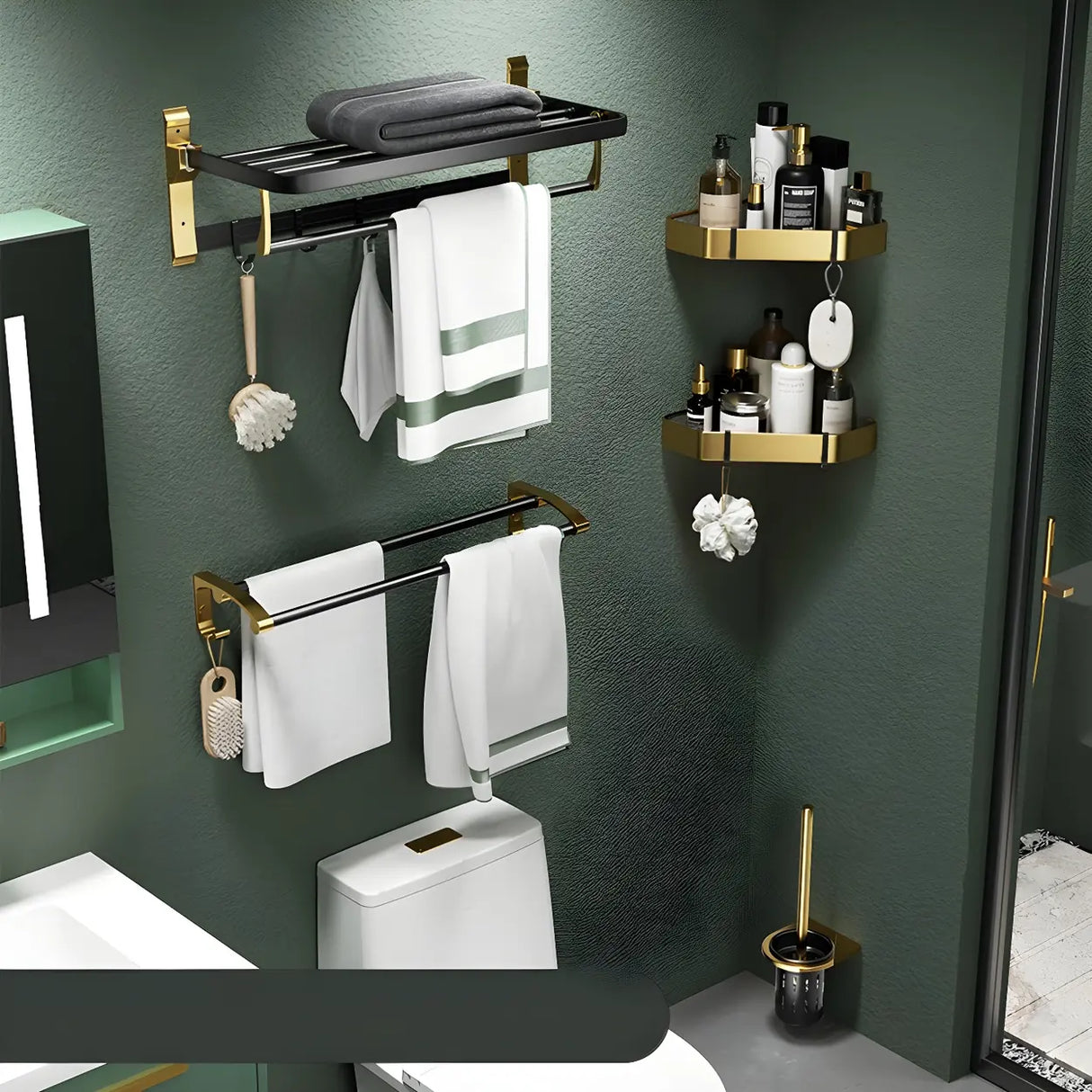 Luxurious Mounting Hardware Black-Gold Bathroom Storage Set Image - 20