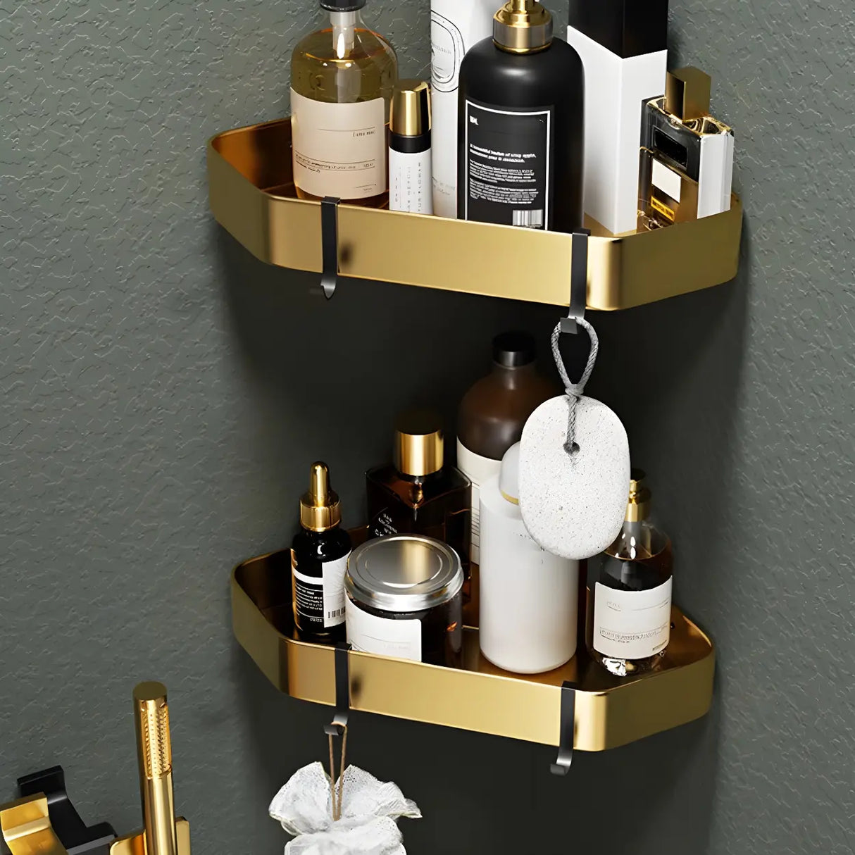 Luxurious Mounting Hardware Black-Gold Bathroom Storage Set Image - 23