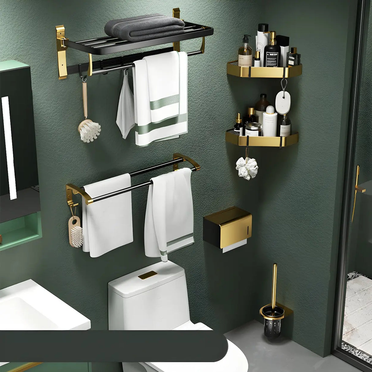 Luxurious Mounting Hardware Black-Gold Bathroom Storage Set Image - 26