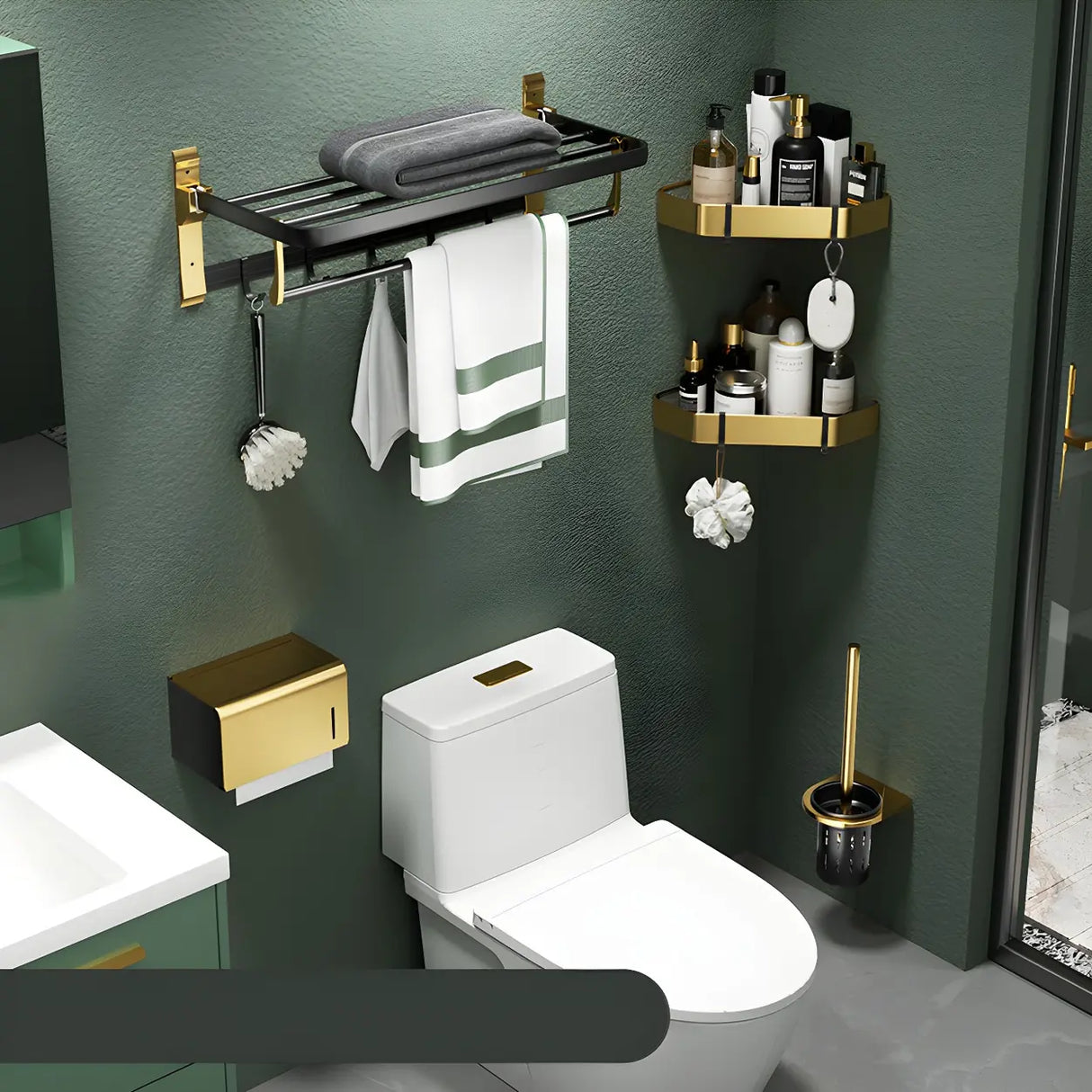 Luxurious Mounting Hardware Black-Gold Bathroom Storage Set Image - 28