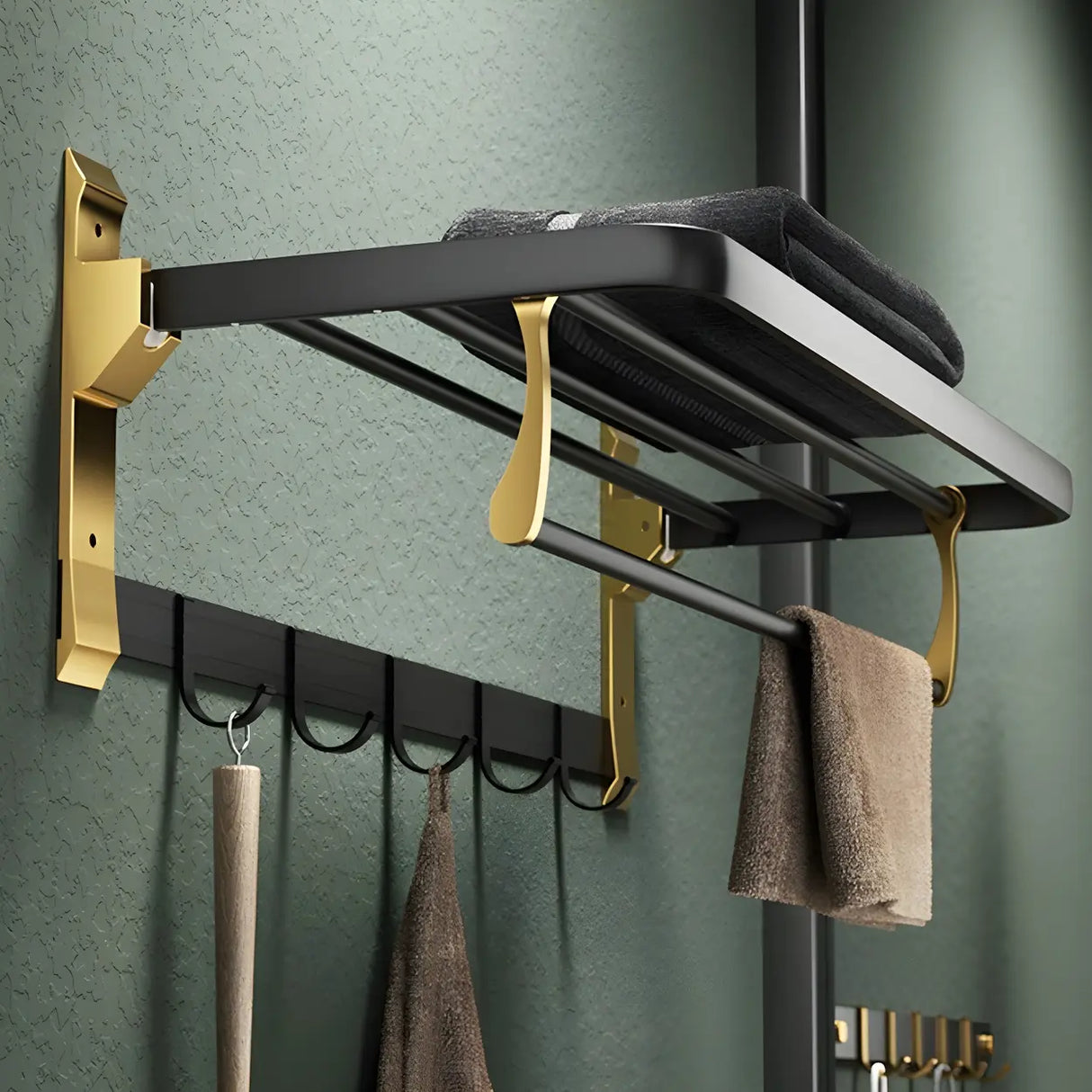 Luxurious Mounting Hardware Black-Gold Bathroom Storage Set Image - 5