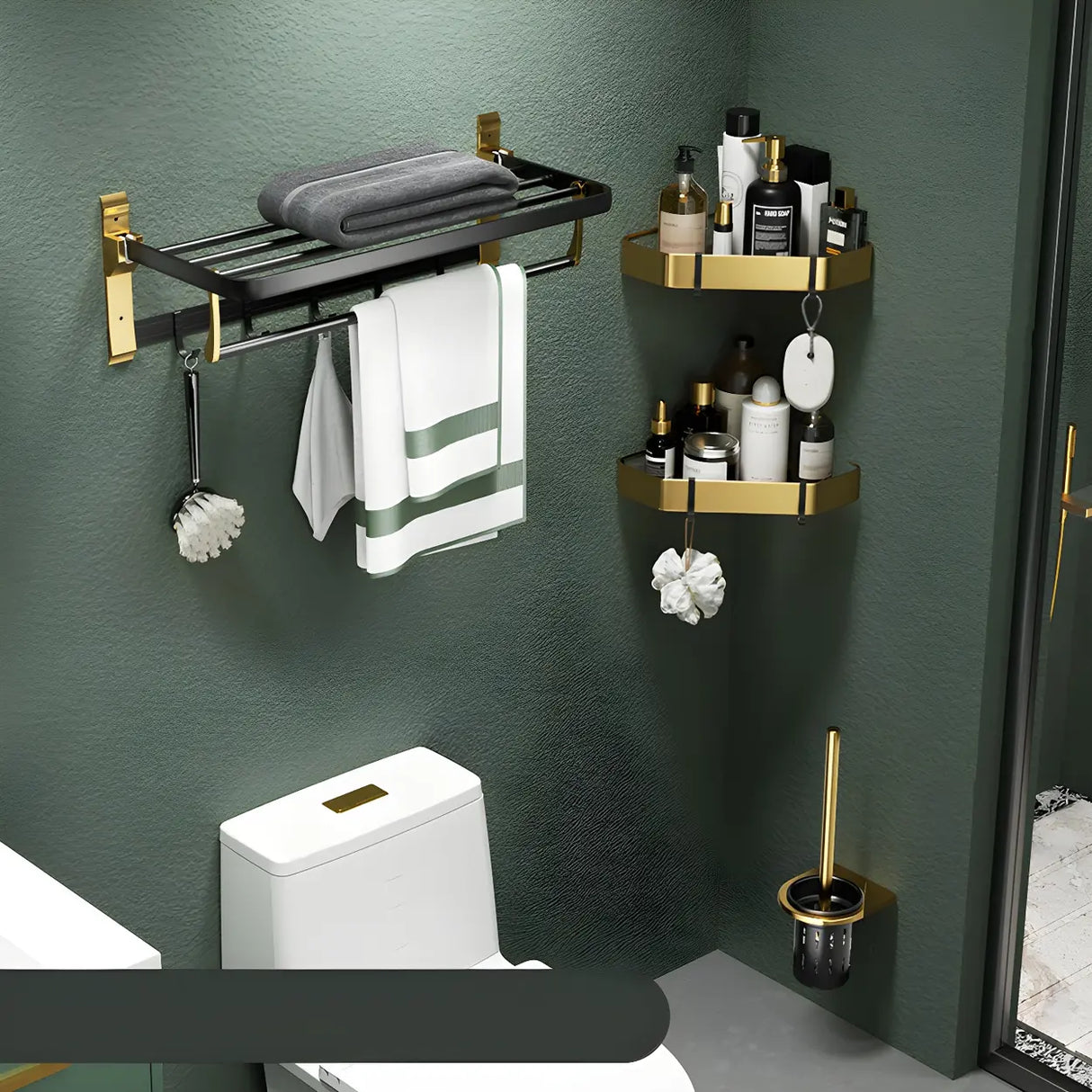 Luxurious Mounting Hardware Black-Gold Bathroom Storage Set Image - 7