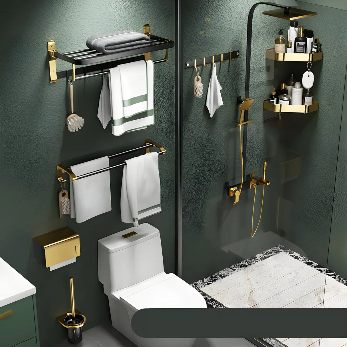 Luxurious Mounting Hardware Black-Gold Bathroom Storage Set Image - 9